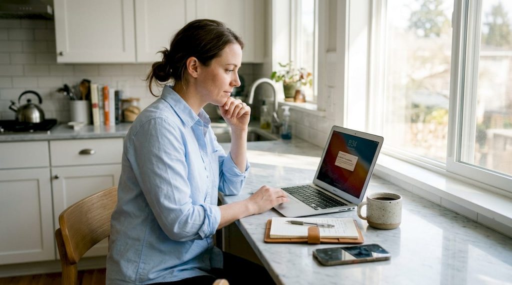 Professional using digital banking at kitchen counter