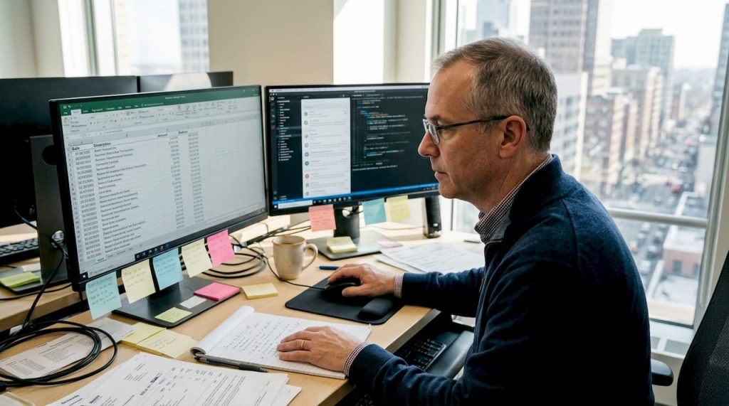 IT administrator reviews banking transactions at office desk