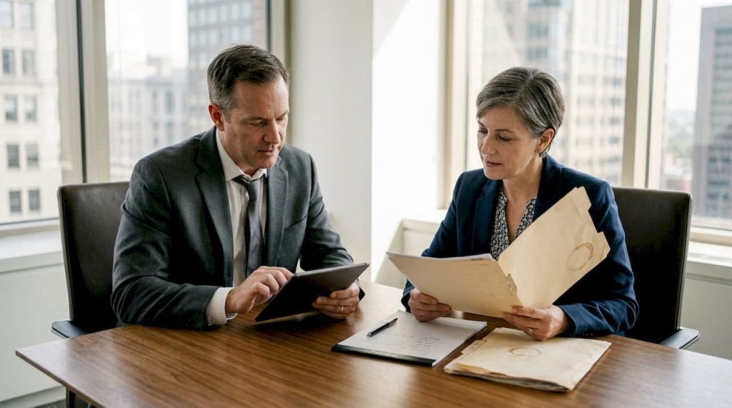 Advisor and client discussing banking documents