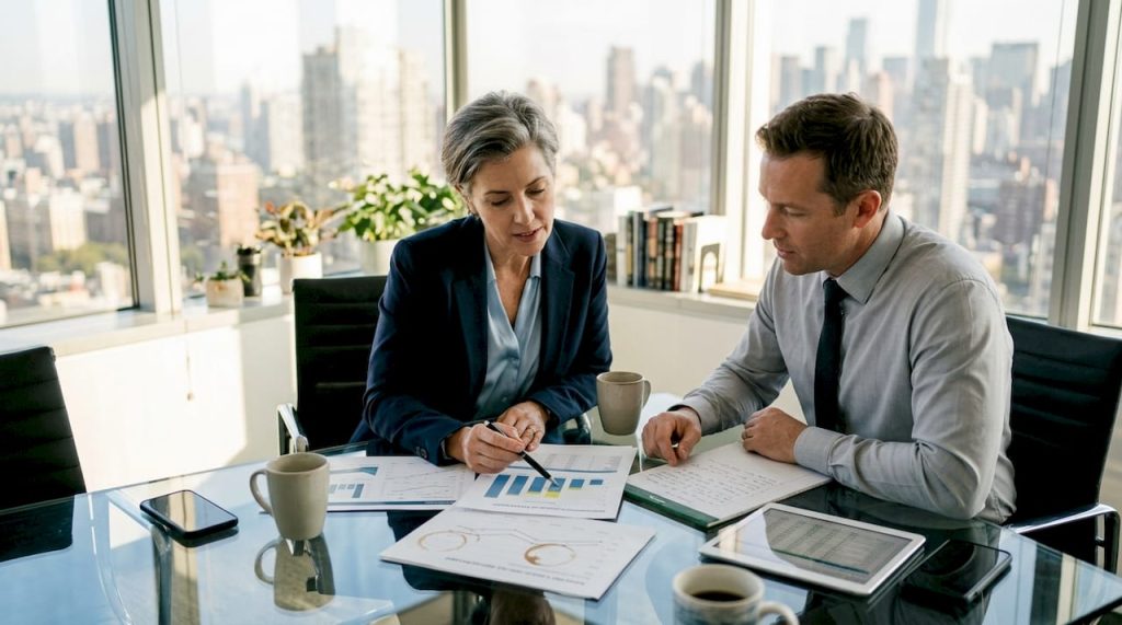Banking professionals reviewing documents in office