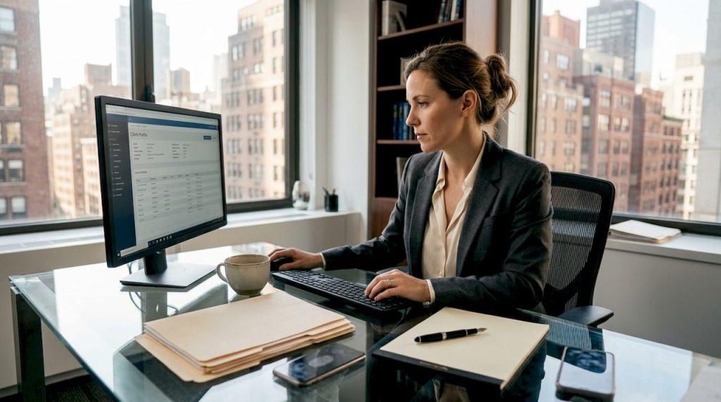 Private banker reviewing digital client profiles