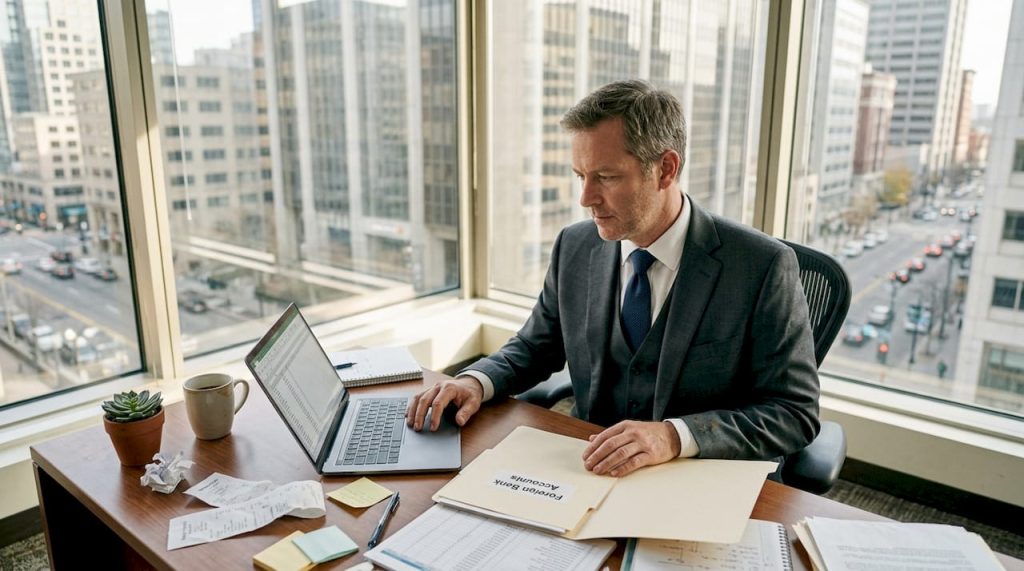Executive reviewing international bank account papers