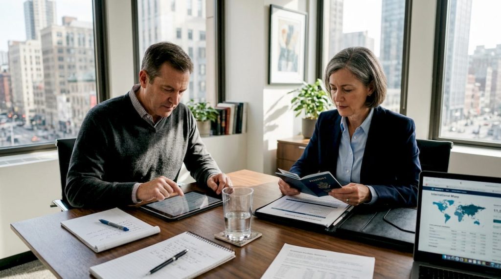 Client and banker review private documents