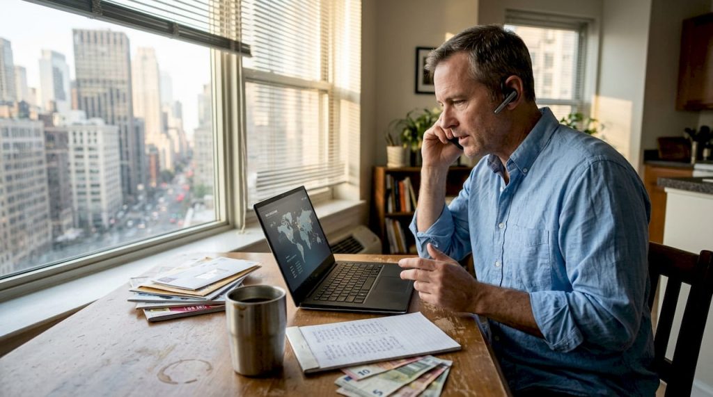 Professional working on international banking at home