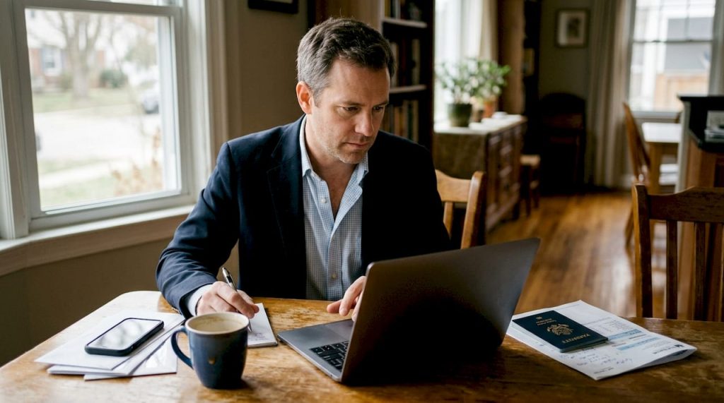 Man opening bank account online at home