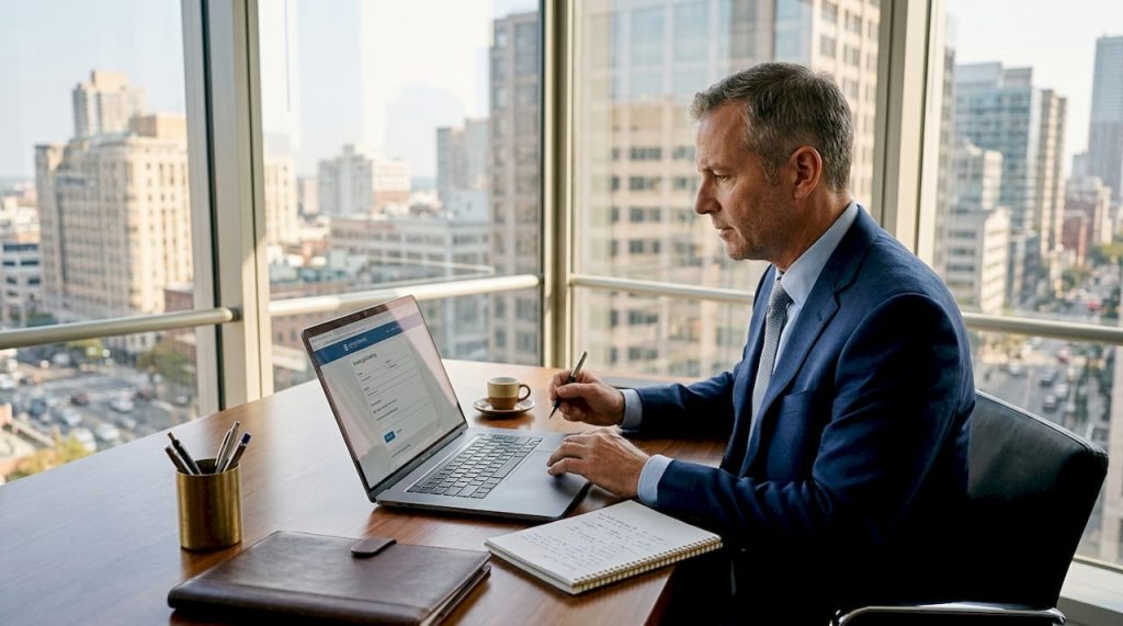 HNWI verifying digital forms in corner office