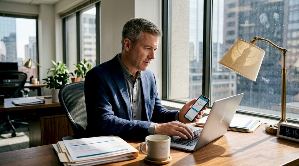 Executive using secure banking in bright office