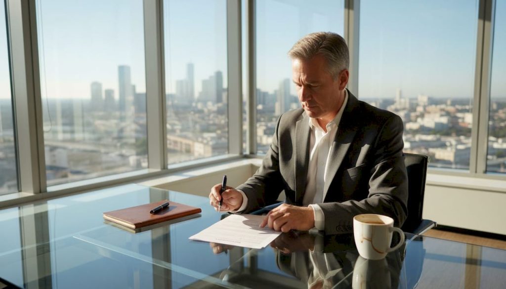Executive reviewing documents in city office