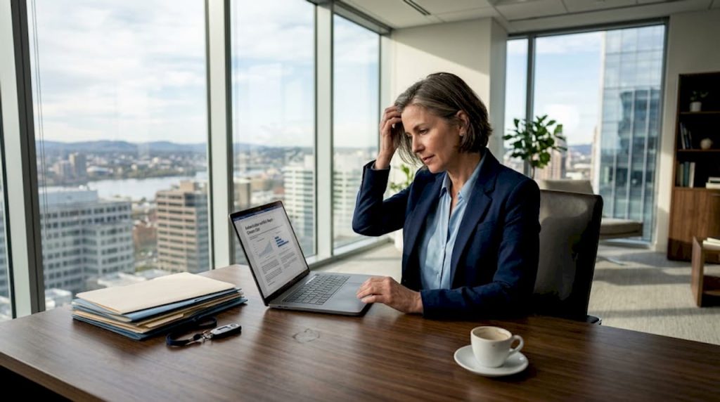 Executive reviews security features at bank desk