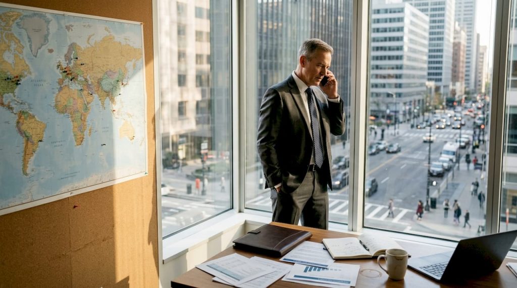 Executive on phone in corner office with papers