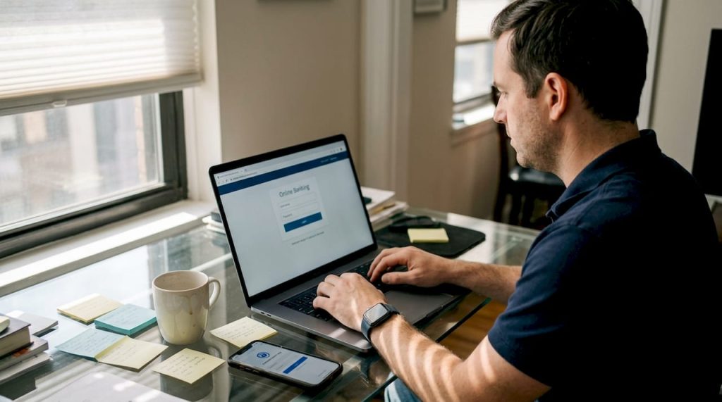 Man logging into online banking at home