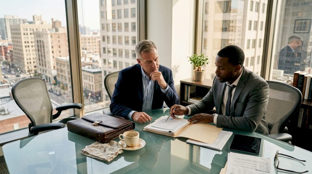 Private banking client reviewing documents in office
