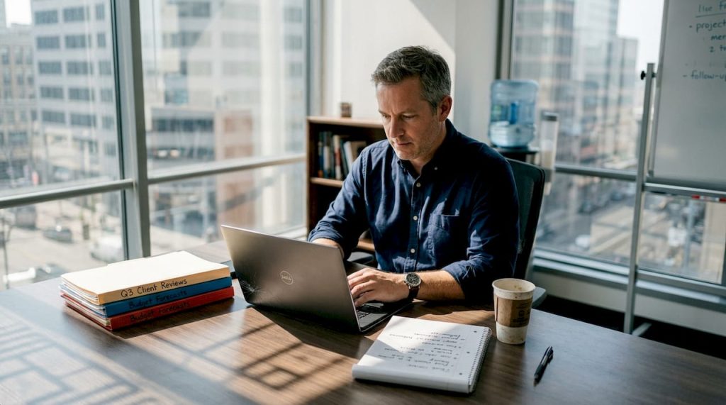Account manager reviewing client business metrics