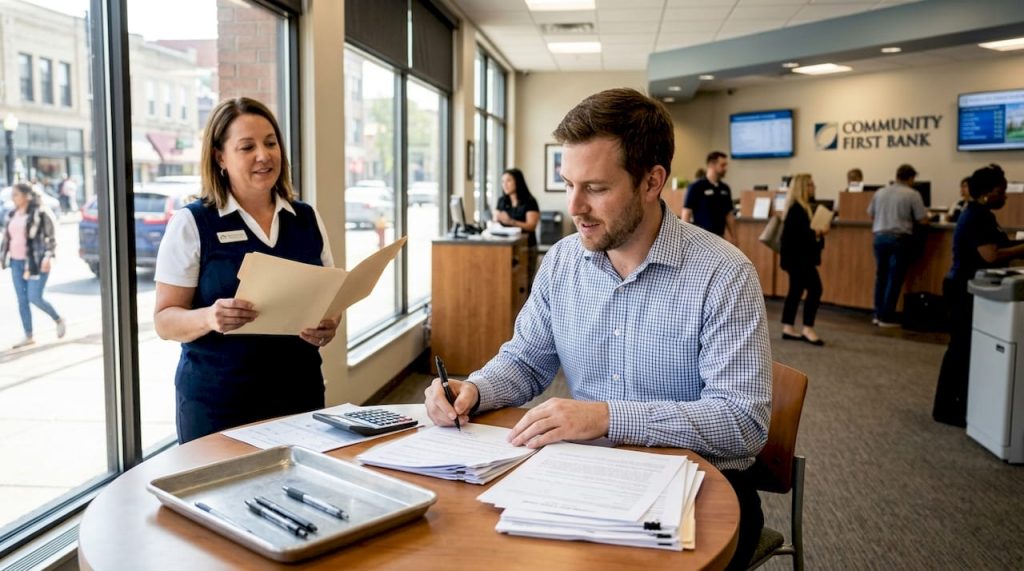Business owner signing papers in bank branch