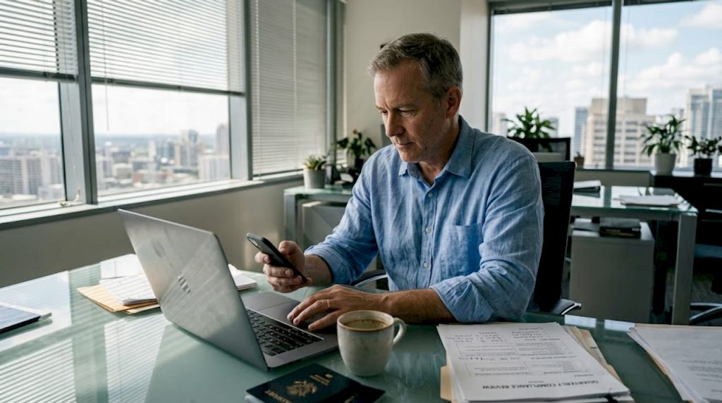 Banker multitaskes in secure office setting