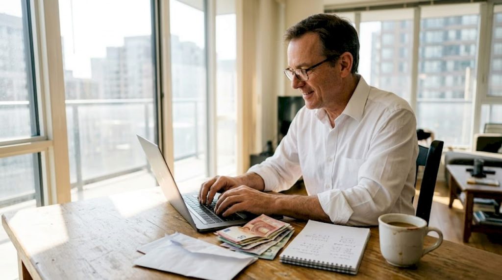 Man managing currencies at laptop in kitchen