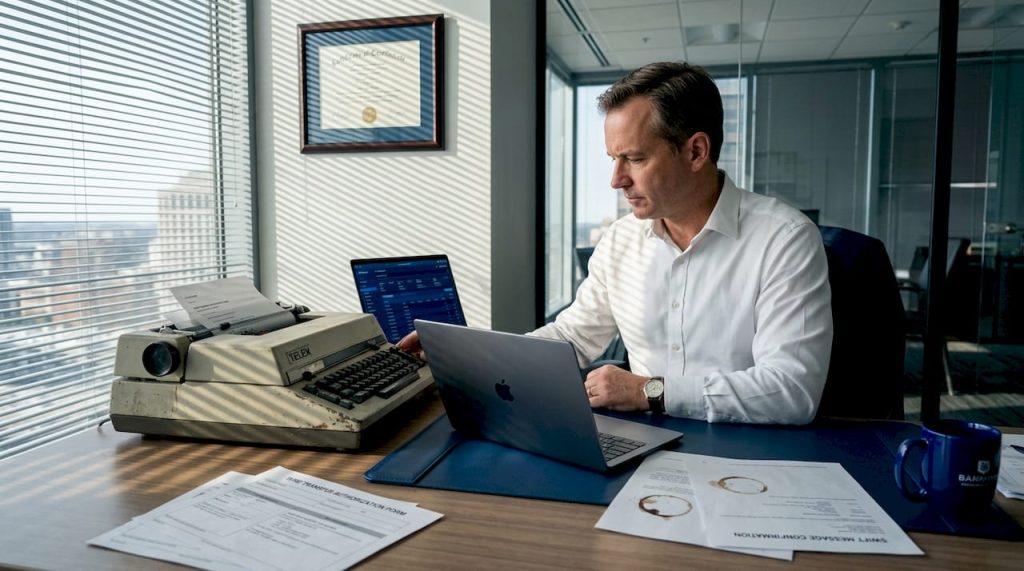 Banker with telex machine and laptop in office