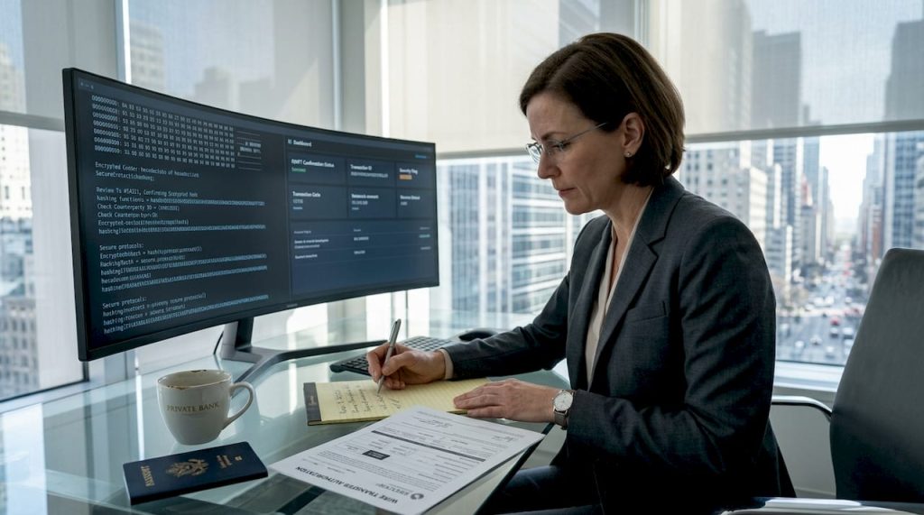 Banker reviewing international secure transfer documents