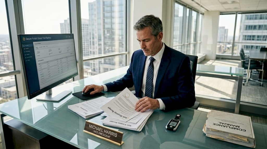 Bank officer reviews SKR document in corner office