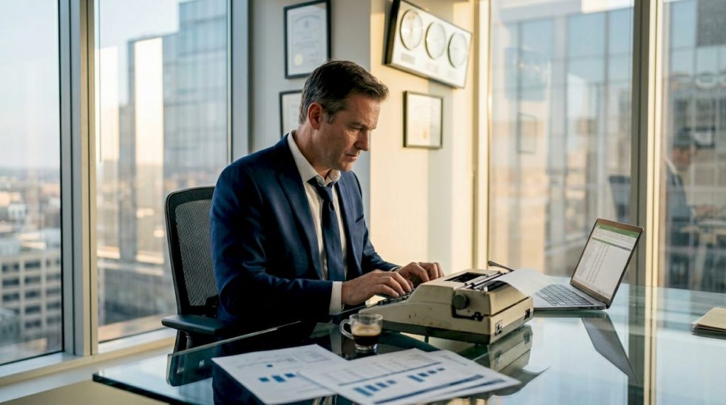 Private banker using telex machine in office