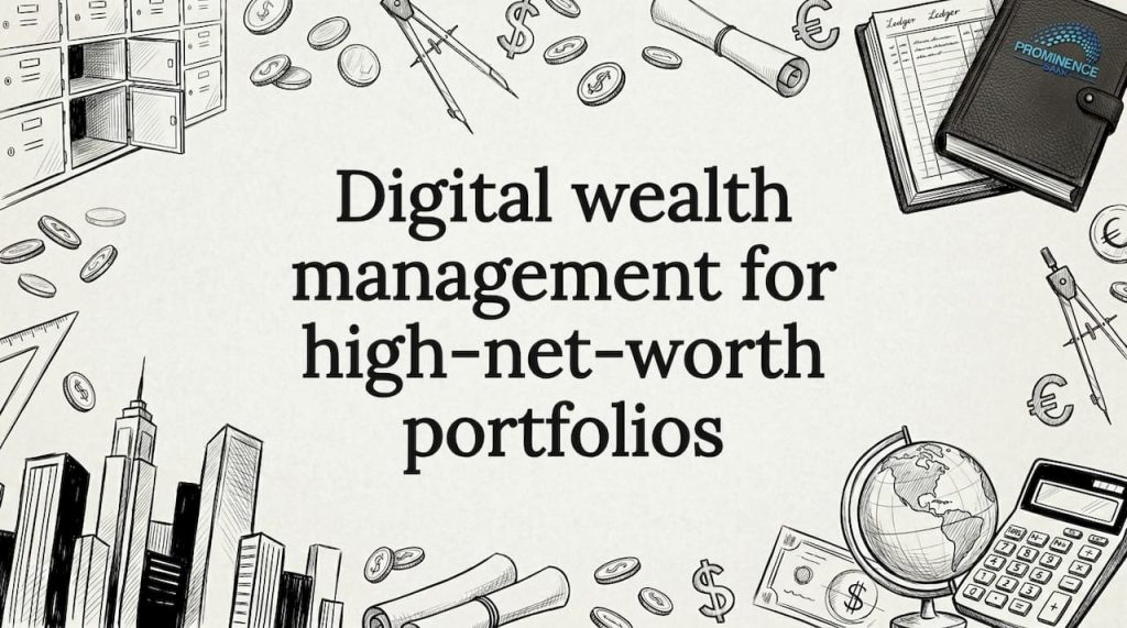 Decorative title card with wealth-themed illustration clusters framing clear center