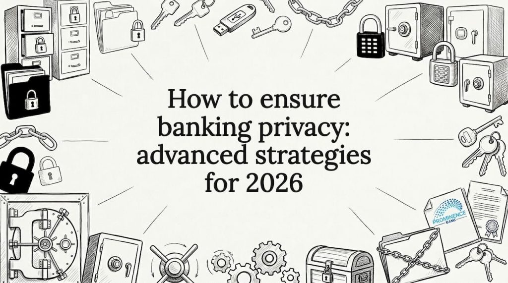 Hand-drawn banking security title card with safes and digital locks