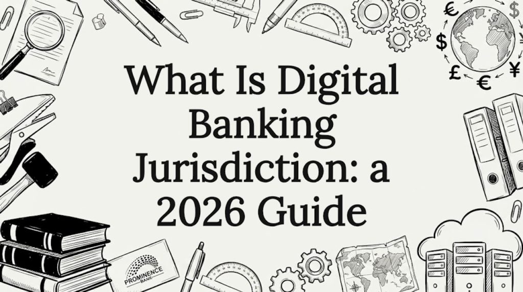 Decorative title card with banking law illustrations