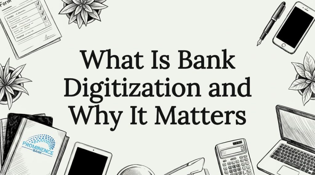 Decorative illustration framing central title for bank digitization article