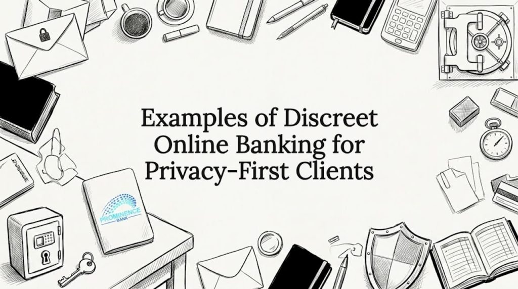 Decorative hand-drawn title card with privacy banking props