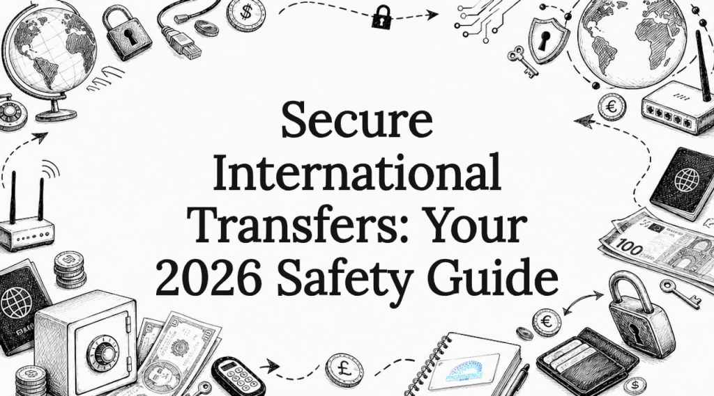 Decorative title card illustration with transfer icons