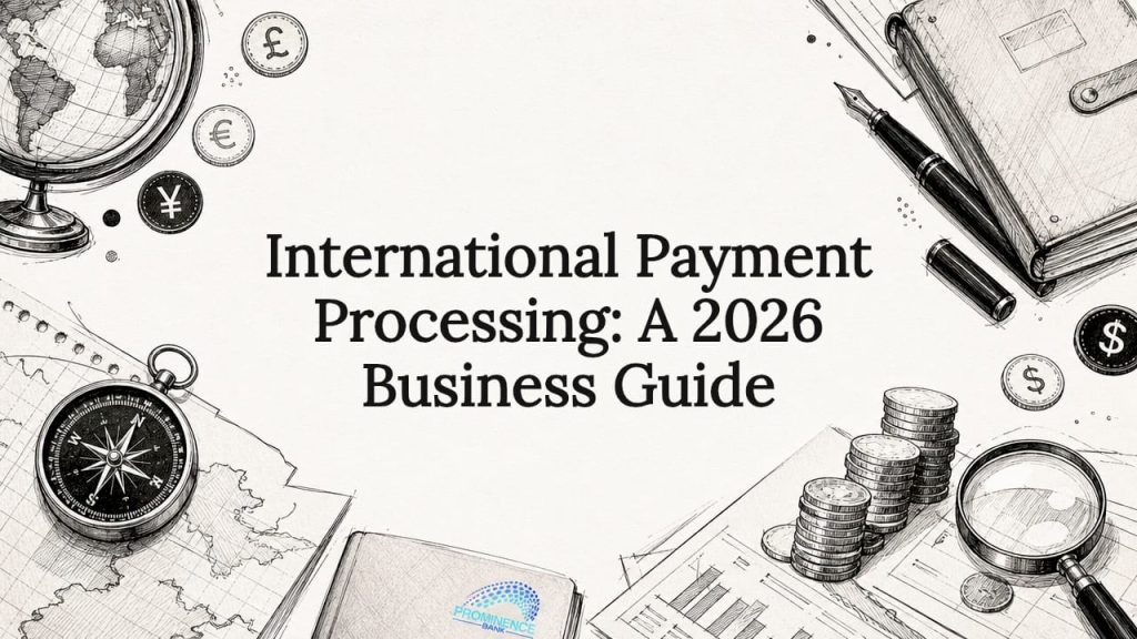 Decorative title card with international finance illustrations