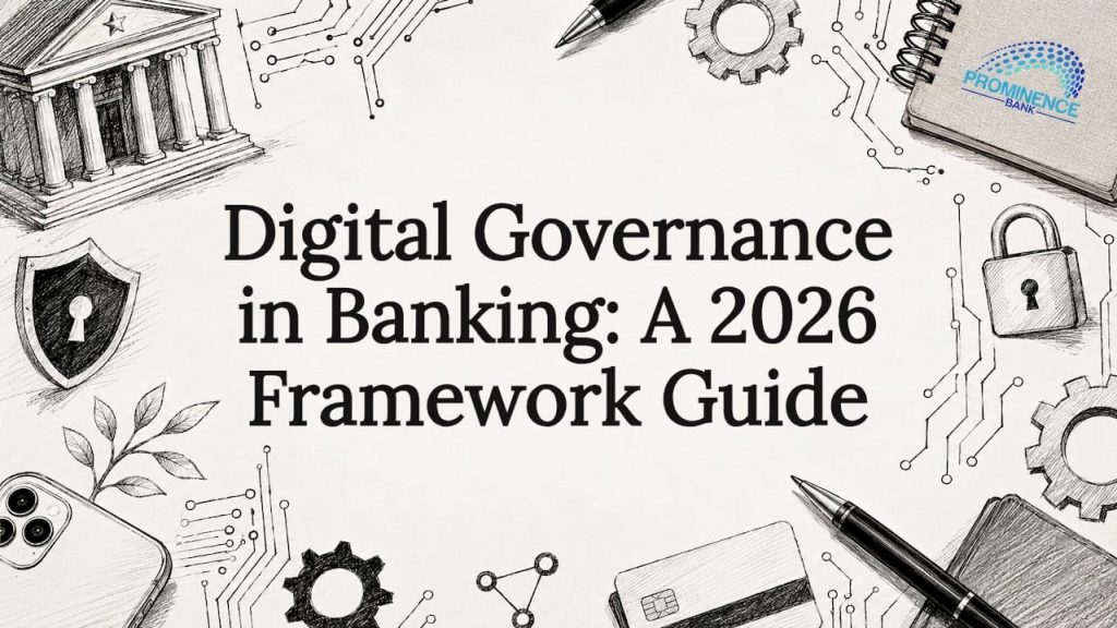 Decorative title card illustration with banking and digital governance motifs