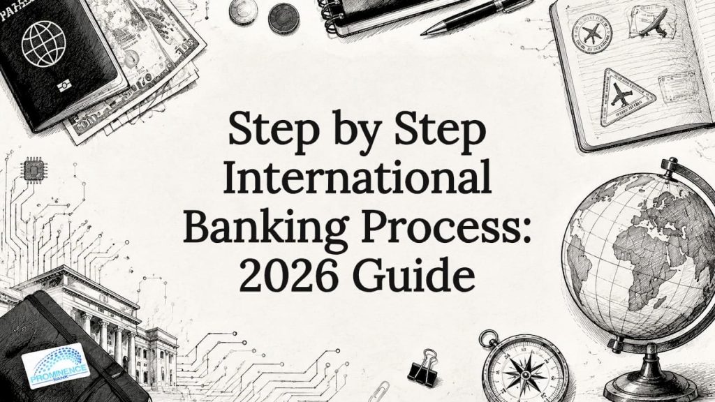 Illustrated title card for international banking guide