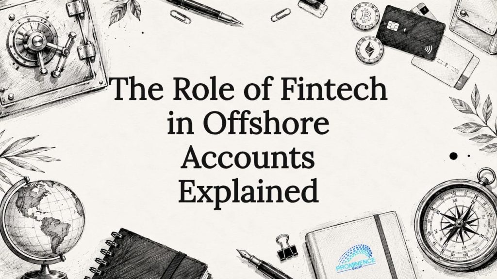 Decorative hand-drawn title card illustration with fintech and offshore themes
