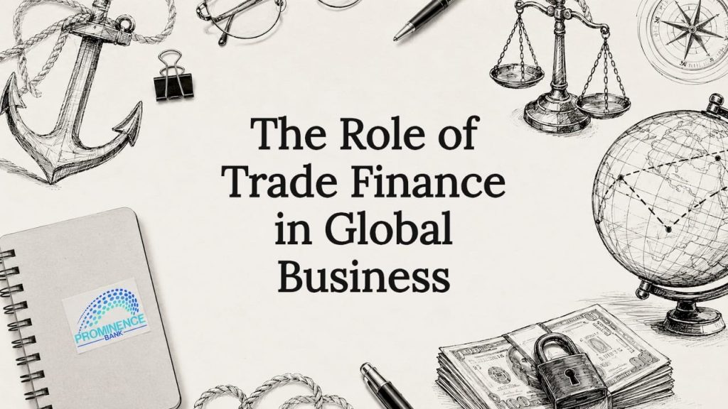 Decorative title card illustration with trade finance motifs