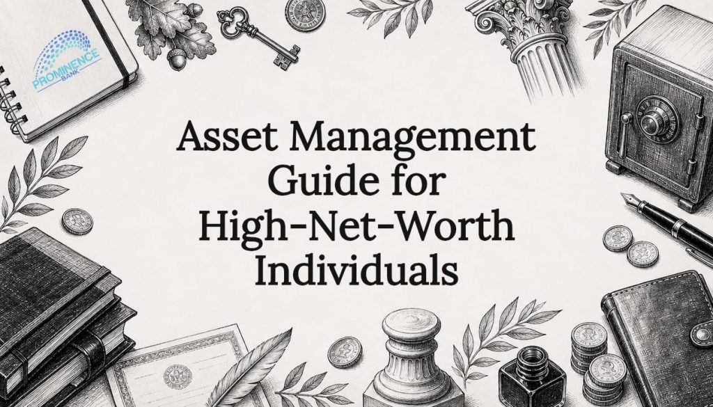 Decorative hand-drawn financial illustration framing title