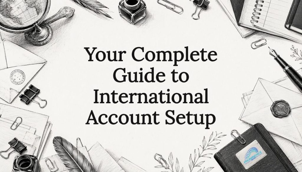 Decorative title card illustration for international account setup