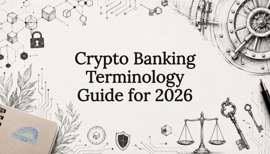 Decorative title card illustration for crypto banking article