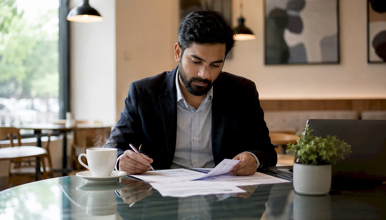 Man reviewing contract documents at desk