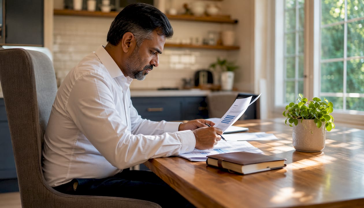 Professional reviewing confidential business financial papers