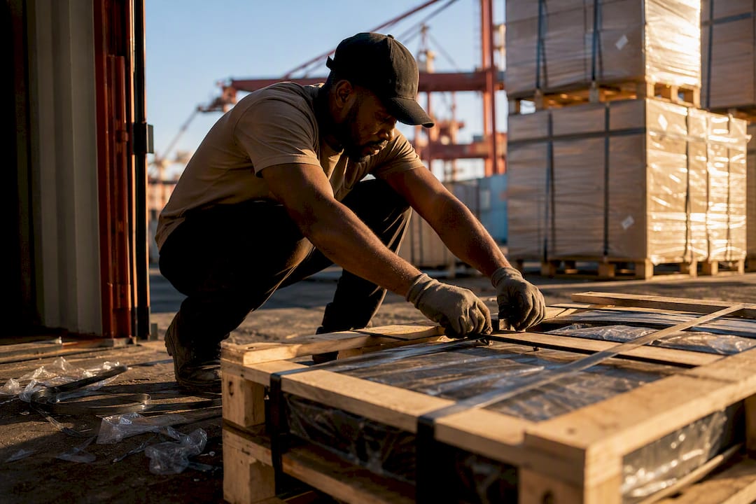 Hands packaging export goods at loading dock