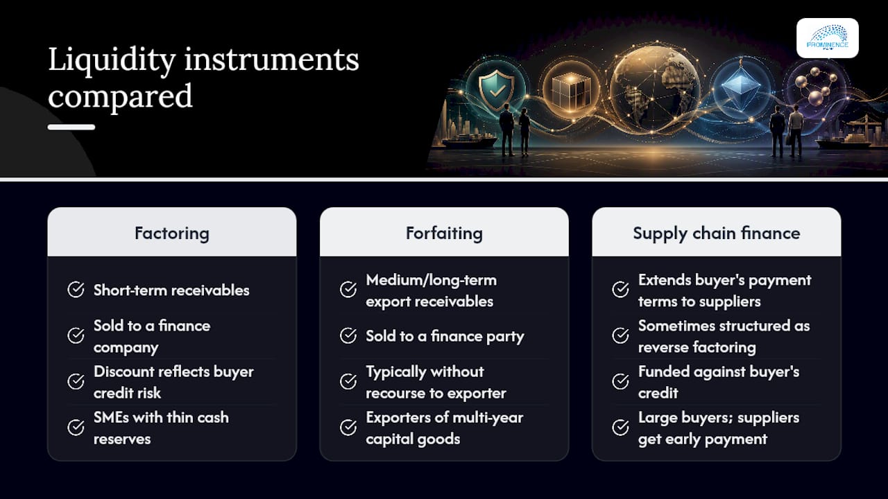 Comparison diagram of factoring, forfaiting, and supply chain finance