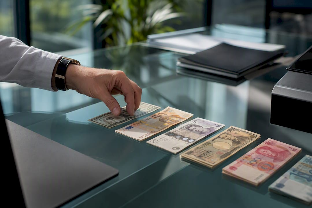 Hand arranging various currencies on desk