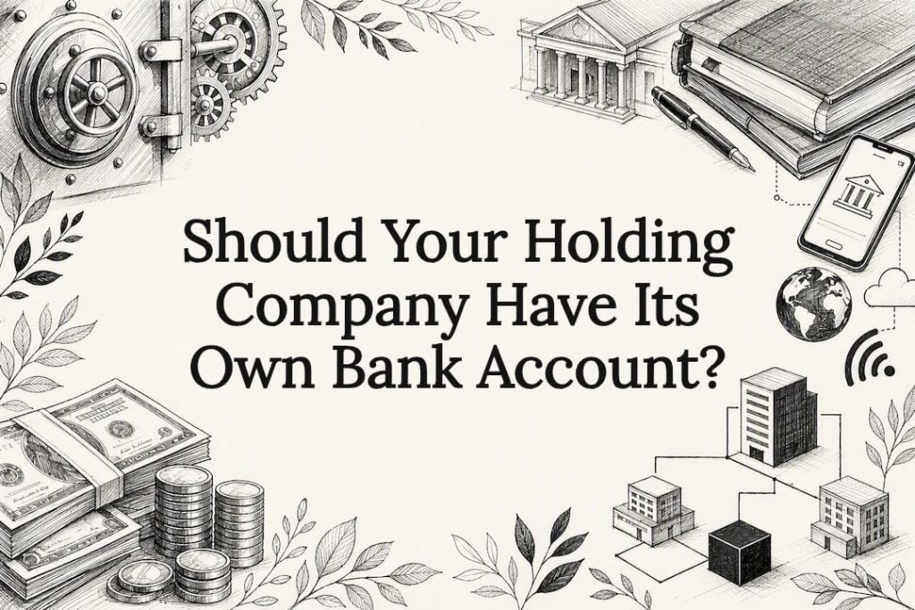 Decorative banking and corporate finance title card illustration