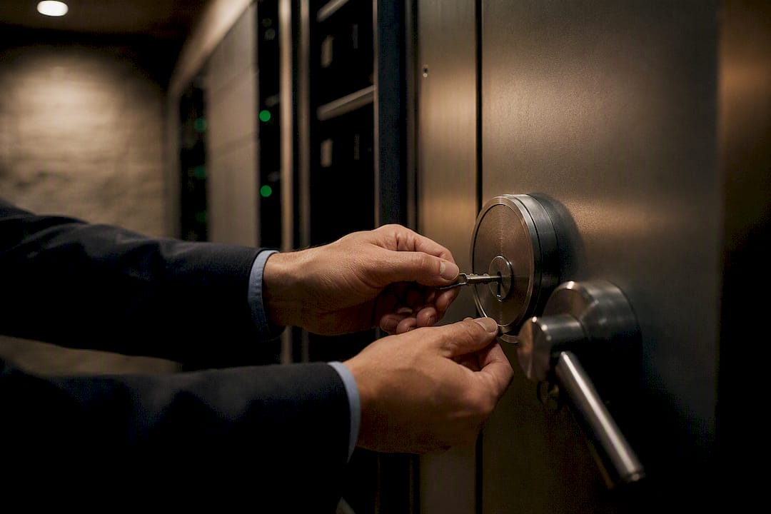 Hands manipulating bank vault lock