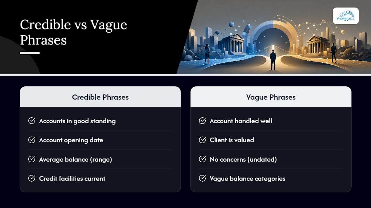 Diagram comparing credible versus vague bank letter language