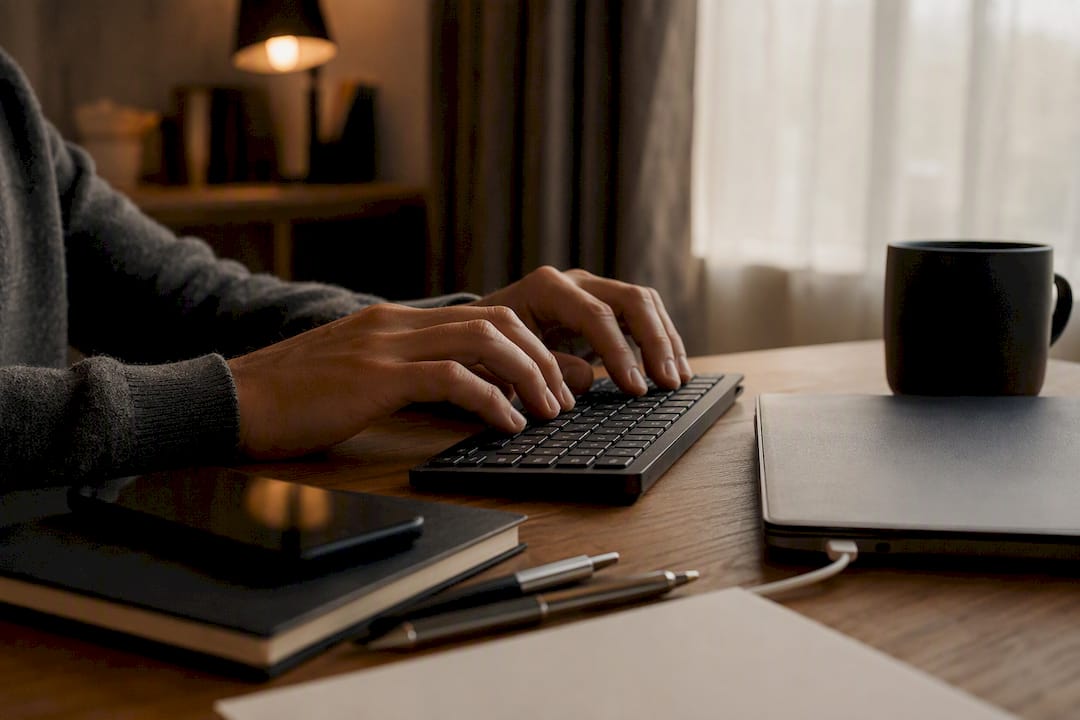 Hands typing bank letter draft on laptop keyboard