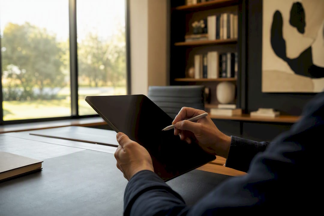 Hands redacting sensitive data on digital tablet