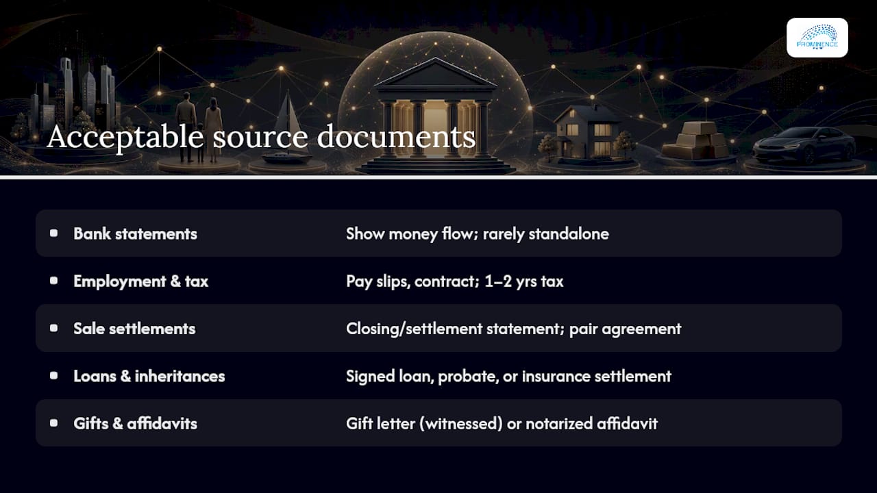 Diagram showing categories of source of funds proof documents