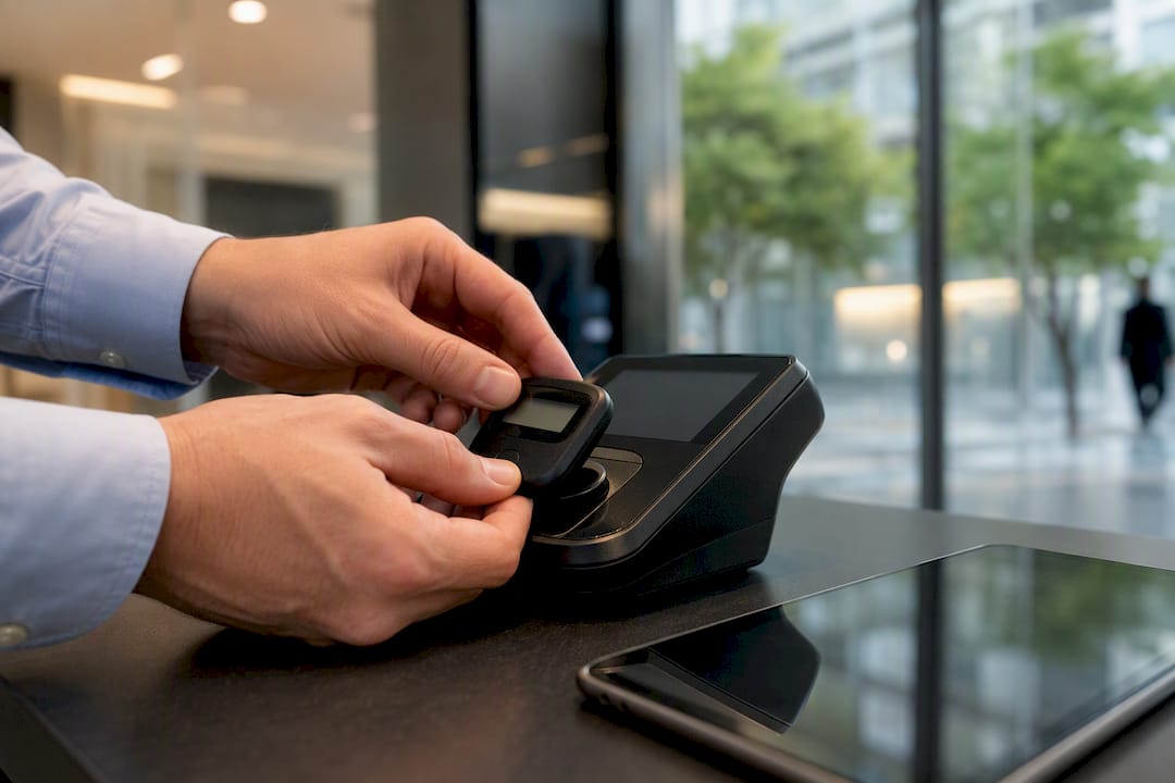 Hands operating security token on payment device